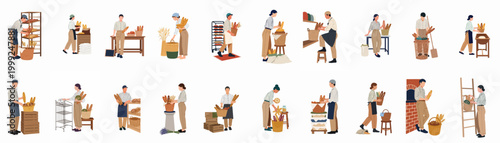Flat vector illustrations of diverse bakers and pastry chefs working with fresh bread in a rustic bakery setting, featuring various artisanal bread types.