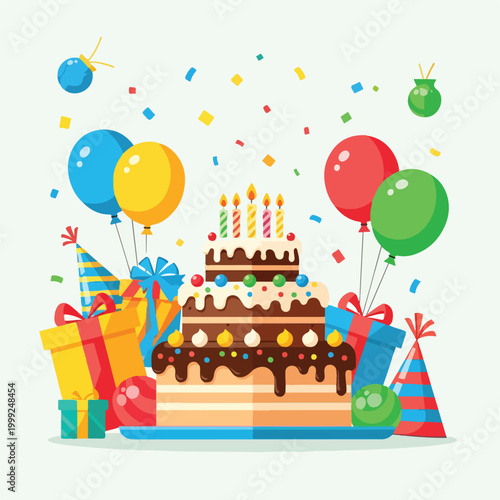 A colorful birthday scene with cake, balloons, gifts