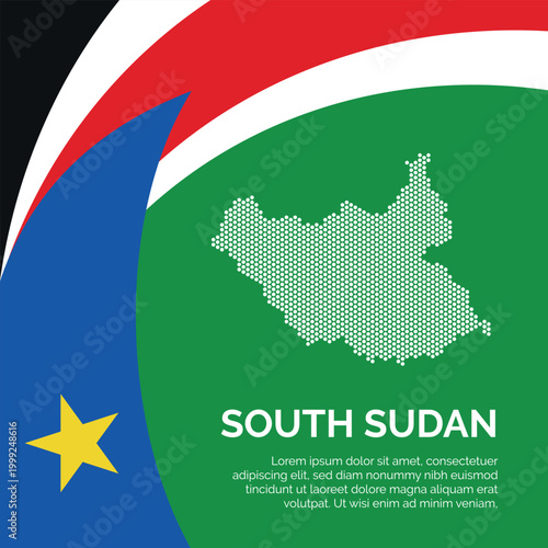 Flag and Map of South Sudan. Dotted map of the country and a rainbow-shaped flag design.