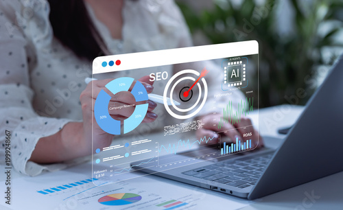 Billede på lærred Business Woman applying AI technology and analytics for digital marketing, SEO analytics and advertising, data driven strategy, campaign optimization, smart dashboard and promotion performance chart