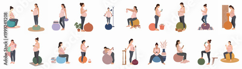 A collection of vector illustrations showing pregnant women using exercise balls for various fitness, relaxation, and labor preparation activities at home.