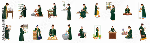 Set of Illustrations Featuring a Woman in a Green Robe Practicing Herbalism, Tea Ceremonies, and Holistic Wellness Activities
