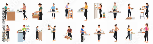 Collection of flat vector illustrations of a woman meal prepping, cooking, and organizing healthy food in various kitchen scenarios.
