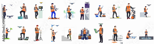Comprehensive set of professional drone pilot illustrations showing male operators in safety vests performing various commercial flight, inspection, and drone management tasks.