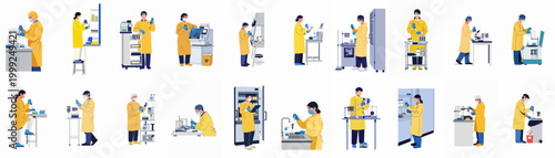 Collection of flat illustrations showing laboratory technicians in yellow protective gear conducting various scientific research and medical tests in a lab environment.