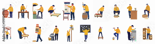 Set of illustrations depicting a man performing various steps in traditional tofu production, from bean preparation to selling and education.