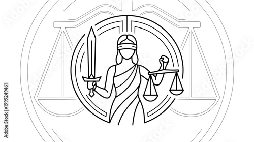 Abstract Lady Justice Outline Logo with Scale Background Vector