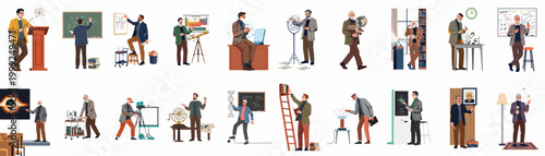 Diverse set of illustrations featuring male professors and scientists in various academic and scientific settings, lecturing, conducting research, and teaching diverse subjects.