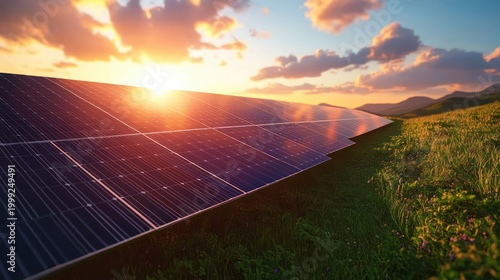 Rows of solar panels in a grassy field at sunset with golden sky, clouds and distant hills reflecting sunlight, a serene scene of sustainable energy