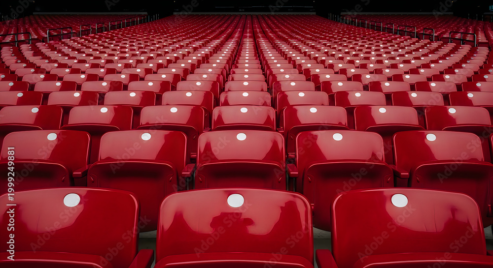 Naklejka premium Rows of empty red stadium seats with cup holders in a darkened theater