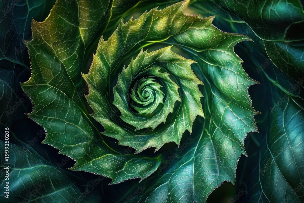 Obraz premium mesmerizing spiral of layered green leaves in close-up with detailed veining and serrated edges forming a natural geometric pattern, calming and hypnotic