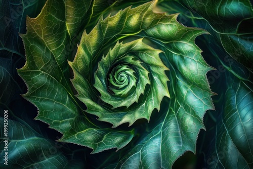 mesmerizing spiral of layered green leaves in close-up with detailed veining and serrated edges forming a natural geometric pattern, calming and hypnotic