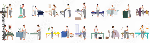Set of diverse professional massage therapists working in spa and wellness centers with tables, oils, and equipment in flat illustration style.