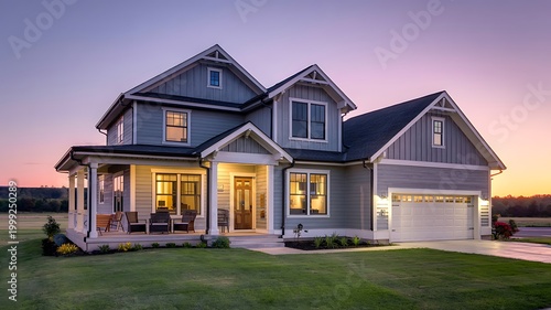Suburban house with porch and garage at sunset