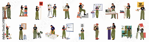 Collection of diverse women engaged in community organizing, housing rights activism, urban planning, and social justice advocacy through various tasks and protests.