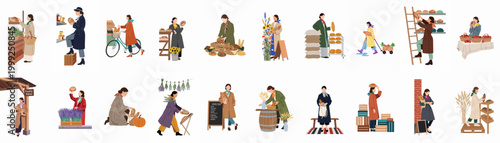 Elegant Illustrations of Women Shopping for Fresh Bread, Produce, and Flowers at Local Markets, Bakeries, and Farm Stands in Autumnal Fashion