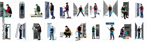Flat vector illustration set of male and female IT technicians maintaining server racks, managing network cables, and performing data center infrastructure tasks.