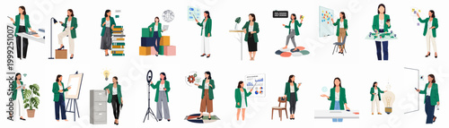 Vector illustration set of a professional businesswoman in a green blazer performing various office and work tasks.