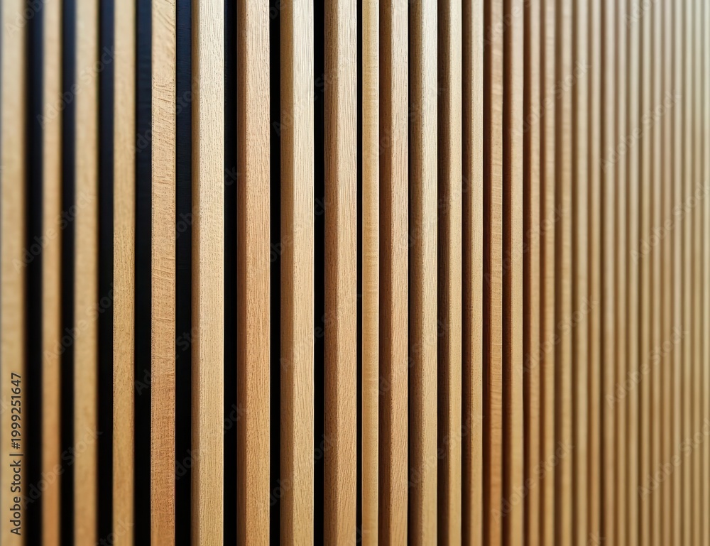 Obraz premium close-up of vertical wooden slats on a wall creating a warm, rhythmic minimalist pattern, calm and orderly