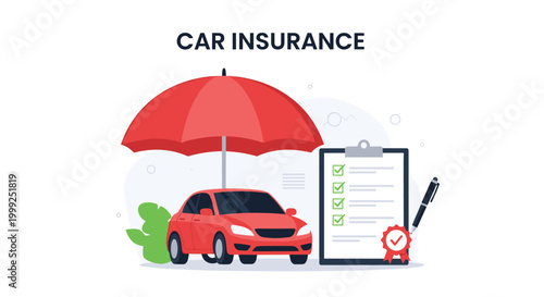 Car insurance protection concept features red automobile under umbrella with checklist for safety and vehicle coverage policy.