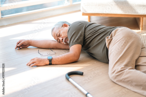 Accidents and health insurance concept, elderly man lying floor unconscious senior home fallen person emergency medical aid indoor accident senior health crisis retirement age home safety worried
