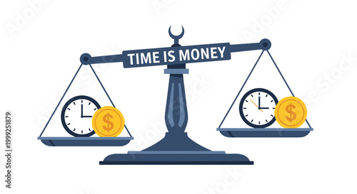 Time is money concept illustrates balance scale with clocks and gold coins to represent productivity and financial management.