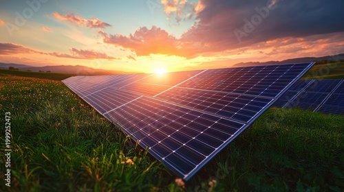 Rows of solar panels on a grassy field at sunset with warm golden light, dramatic clouds and distant hills conveying serene optimism and clean energy