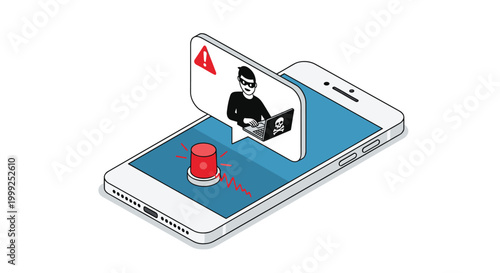 Mobile security alert concept shows isometric smartphone with emergency button and hacker popup message for cyber protection.