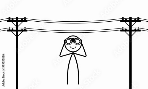 Stick Figure Looking Through Binoculars Between Utility Poles