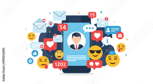 Social media engagement concept features smartphone surrounded by various notification icons including hearts likes and emojis.