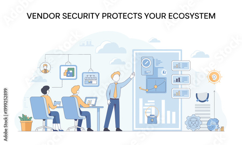 Vendor security protects business ecosystem flat vector illustration