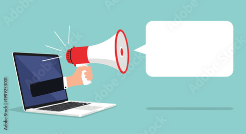 Digital promotion and advertising concept shows hand with megaphone emerging from laptop screen next to blank speech bubble.