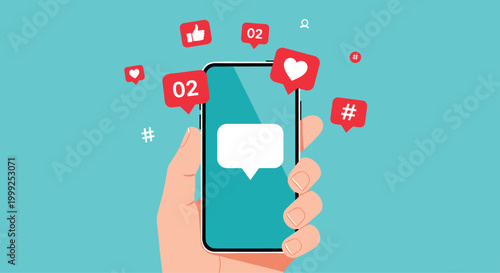 Social media interaction concept features hand holding smartphone with notification bubbles for likes hearts and hashtags.