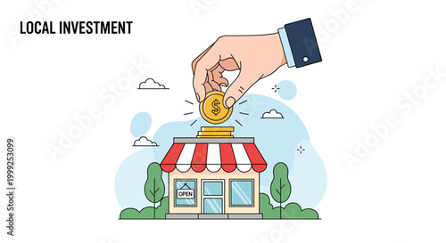 Local investment and small business support concept features hand dropping gold coin into shop with striped awning and trees.