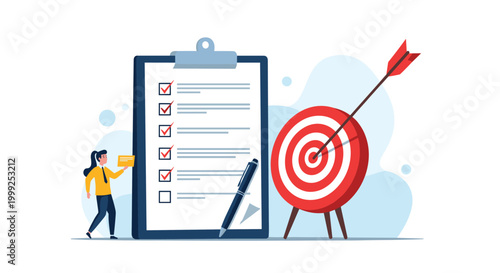 Productivity and task management concept showing woman marking checklist on giant clipboard next to archery target with arrow.