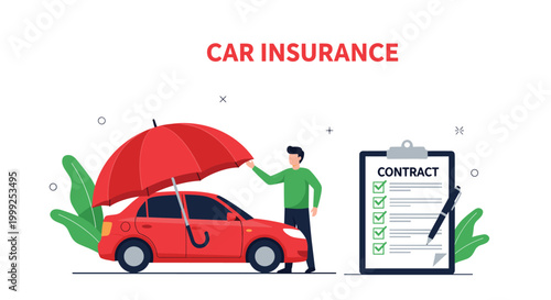 Car insurance and protection contract concept showing man holding red umbrella over vehicle next to giant insurance agreement.