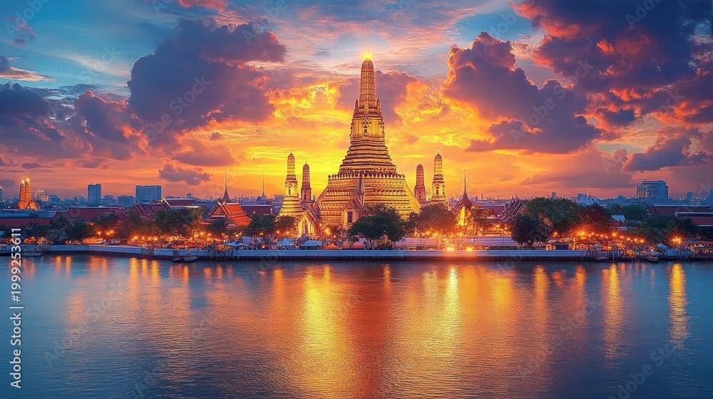 Fototapeta premium illuminated golden riverside temple with towering spires reflected in calm river under a dramatic fiery sunset sky