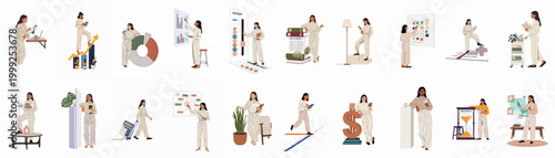 Comprehensive collection of illustrations featuring a professional woman managing financial data, business analysis, budgeting, and corporate planning in a minimalist style.