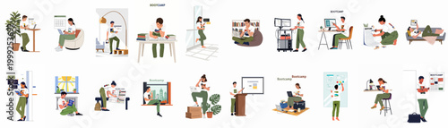 Collection of diverse flat vector illustrations depicting students and professionals learning coding, web development, and participating in IT bootcamps in various environments.