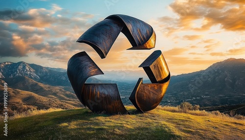rusted metal recycling sculpture on a grassy hill overlooking a mountain valley at golden sunset, tranquil and inspiring