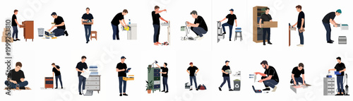 Vector illustrations of men performing various household chores, including organizing, cleaning, decluttering, and DIY repairs, set against a white background.