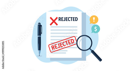 Document rejection and application failure concept with magnifying glass over paper stamped with red rejected marks.