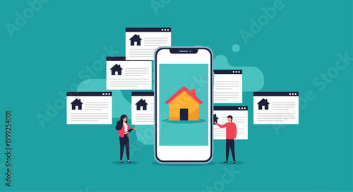 Online real estate search concept showing people looking at multiple house listings displayed on a large smartphone screen.