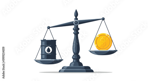 Oil price and global economy concept featuring balance scales with black oil barrel and gold dollar coin on weighing pans.