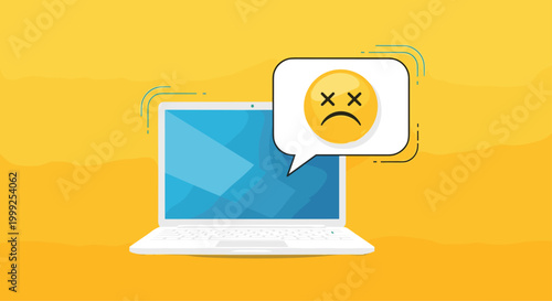 Technical problem and negative user experience concept with laptop computer and sad face emoji in speech bubble.