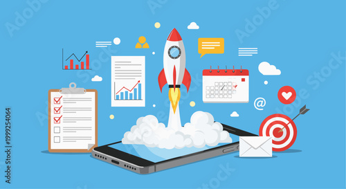 Business startup launch strategy concept with rocket ship taking off from smartphone surrounded by various planning icons.