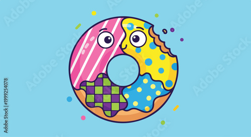 A colorful cartoon donut with icing and sprinkles
