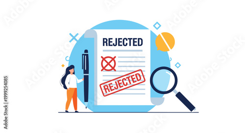 Loan or application rejection concept showing woman standing next to large document scroll stamped with red rejected marks.