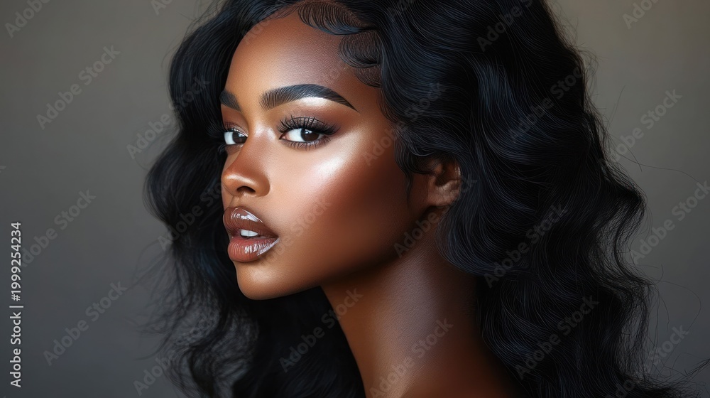 Naklejka premium Close-up portrait of a person with long glossy wavy dark hair, concealed blurred face, visible ear and neck, soft lighting creating a calm, mysterious mood