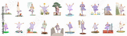 Collection of flat vector illustrations depicting a senior woman practicing yoga tree pose during various daily activities and in different serene environments.
